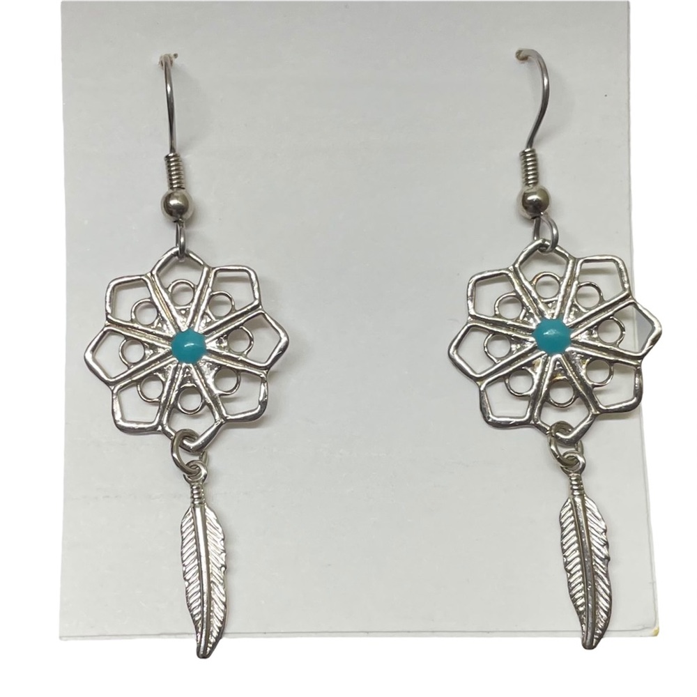 Silver Toned‎ Lightweight Dream Catcher Turquoise Color Dangle Earrings